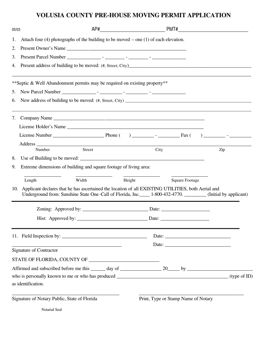Volusia County Pre-house Moving Permit Application - Volusia County, Florida, Page 1