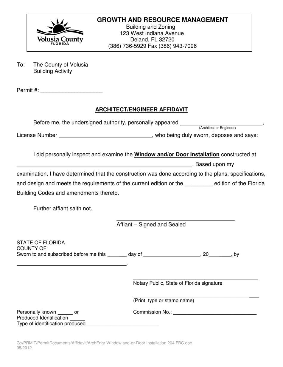 Architect / Engineer Affidavit - Window and / or Door Installation - Volusia County, Florida, Page 1