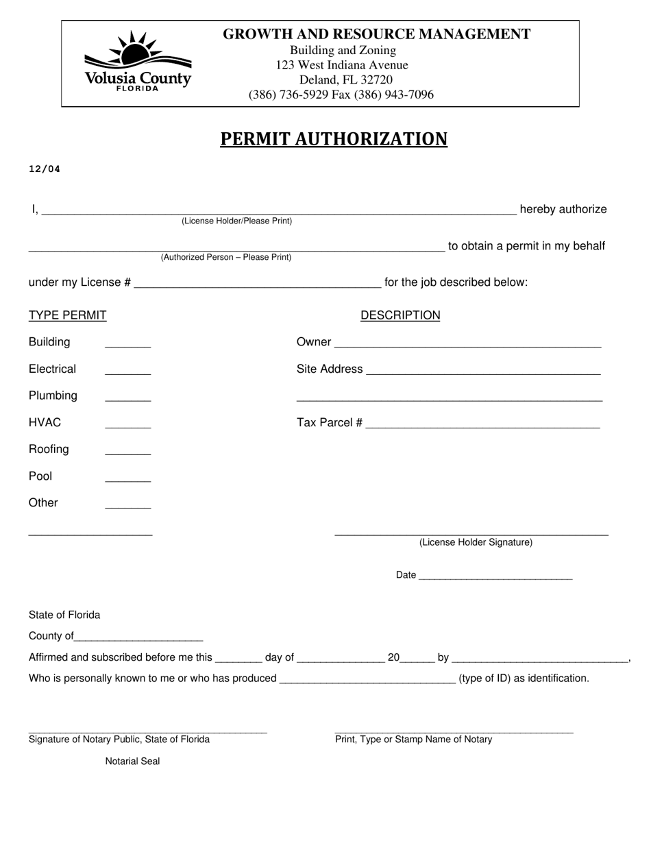 Volusia County, Florida Permit Authorization - Fill Out, Sign Online ...
