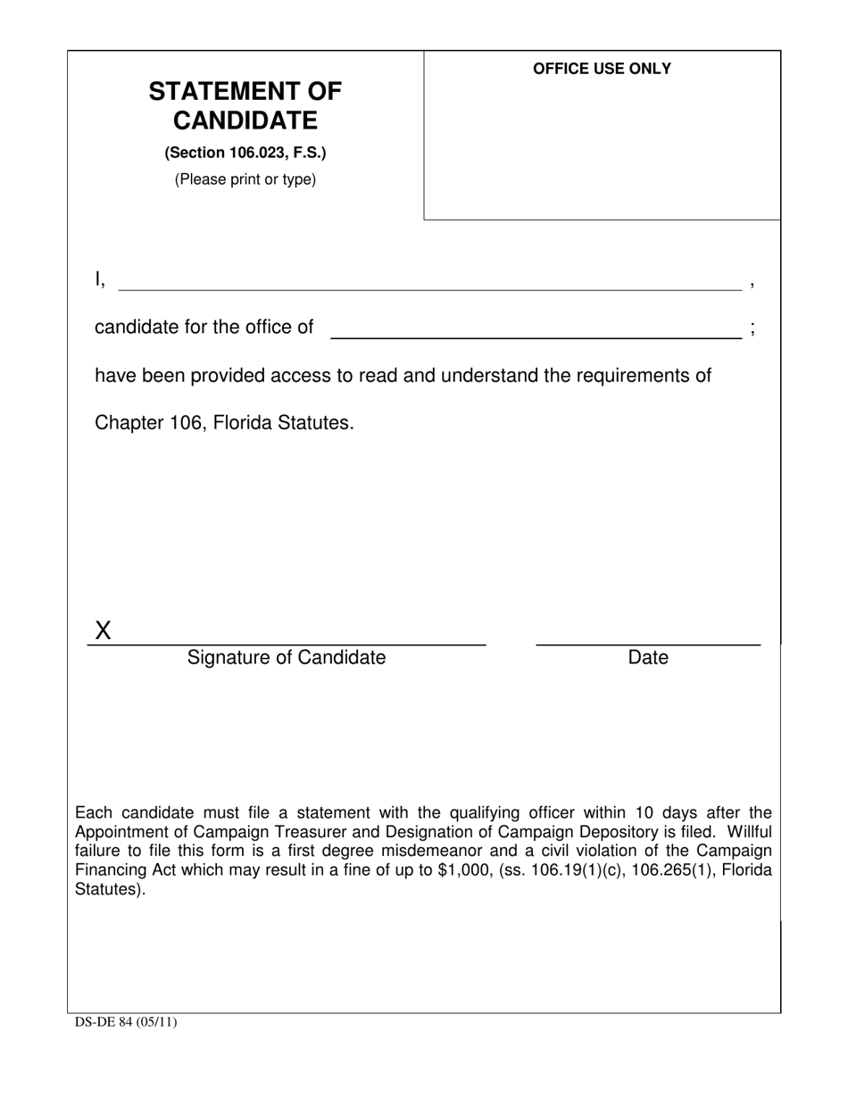 Form DS-DE84 Statement of Candidate - Florida, Page 1