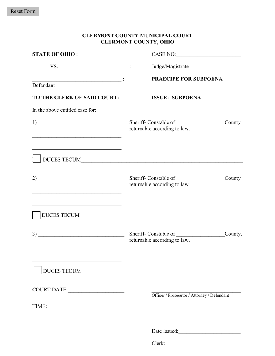 Praecipe for Subpoena - Criminal / Traffic Division - Clermont County, Ohio, Page 1
