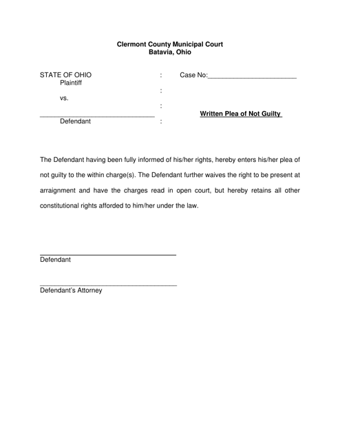 Written Plea of Not Guilty - Clermont County, Ohio Download Pdf