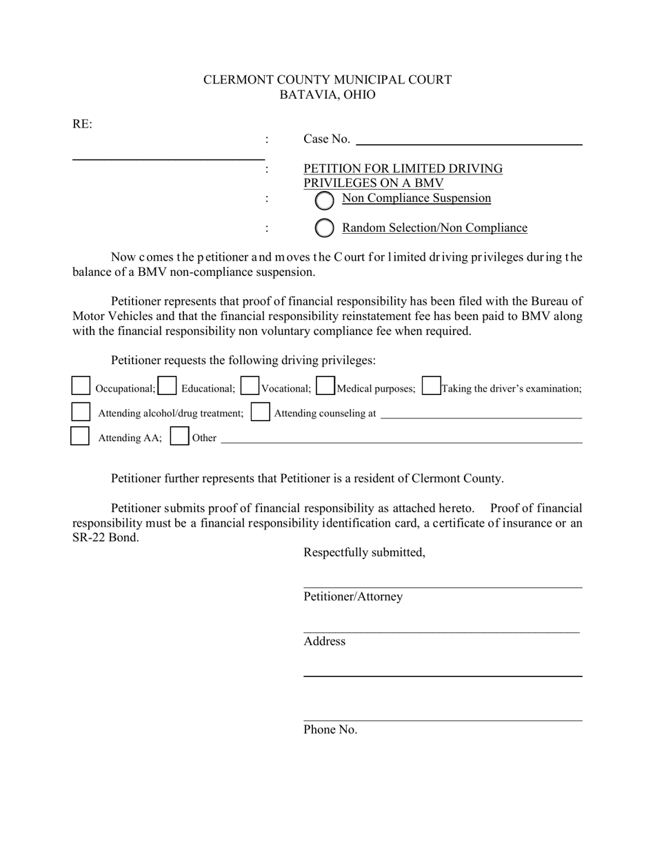 Petition for Limited Driving Privileges on a Bmv - Clermont County, Ohio, Page 1