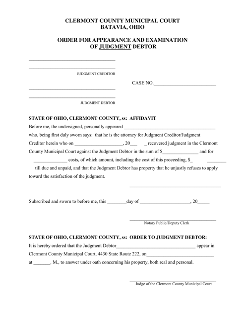 Order for Appearance and Examination of Judgment Debtor - Clermont County, Ohio Download Pdf