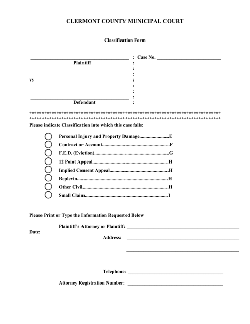 Classification Form - Clermont County, Ohio Download Pdf