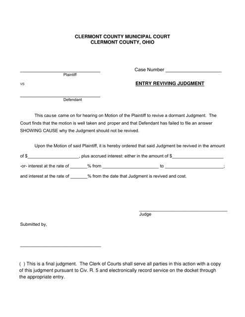 Entry Reviving Judgment - Clermont County, Ohio Download Pdf