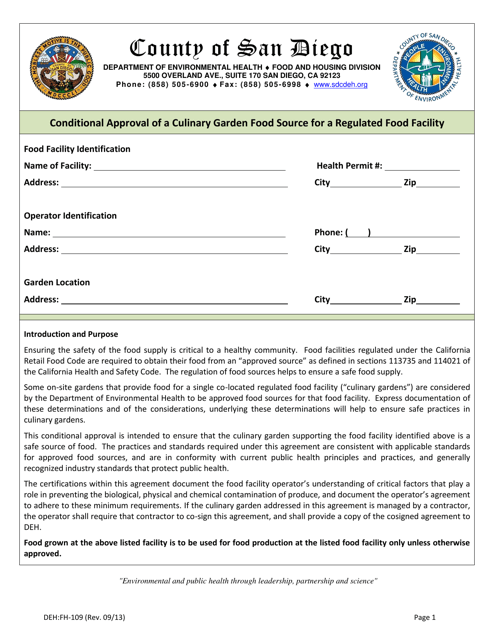 Form DEH:FH-109 Conditional Approval of a Culinary Garden Food Source for a Regulated Food Facility - County of San Diego, California