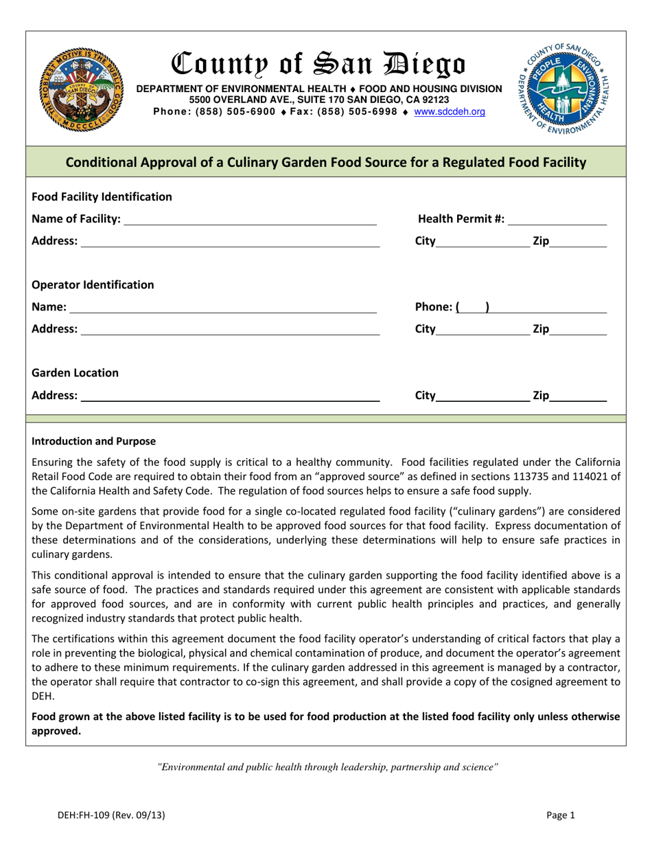 Form DEH:FH-109 Conditional Approval of a Culinary Garden Food Source for a Regulated Food Facility - County of San Diego, California, Page 1