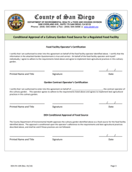 Form DEH:FH-109 Conditional Approval of a Culinary Garden Food Source for a Regulated Food Facility - County of San Diego, California, Page 3