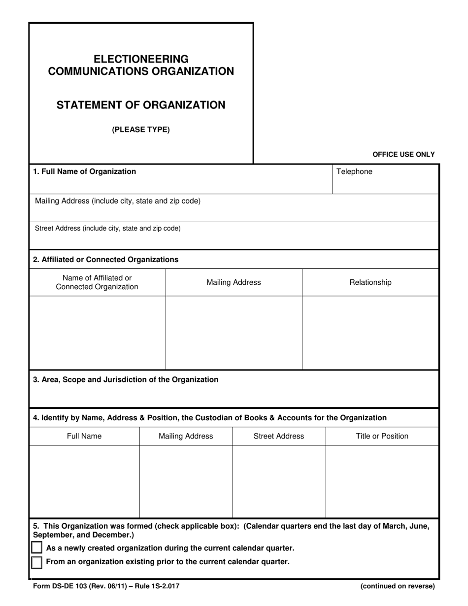 Form DS-DE103 Electioneering Communications Organization Statement of Organization - Florida, Page 1