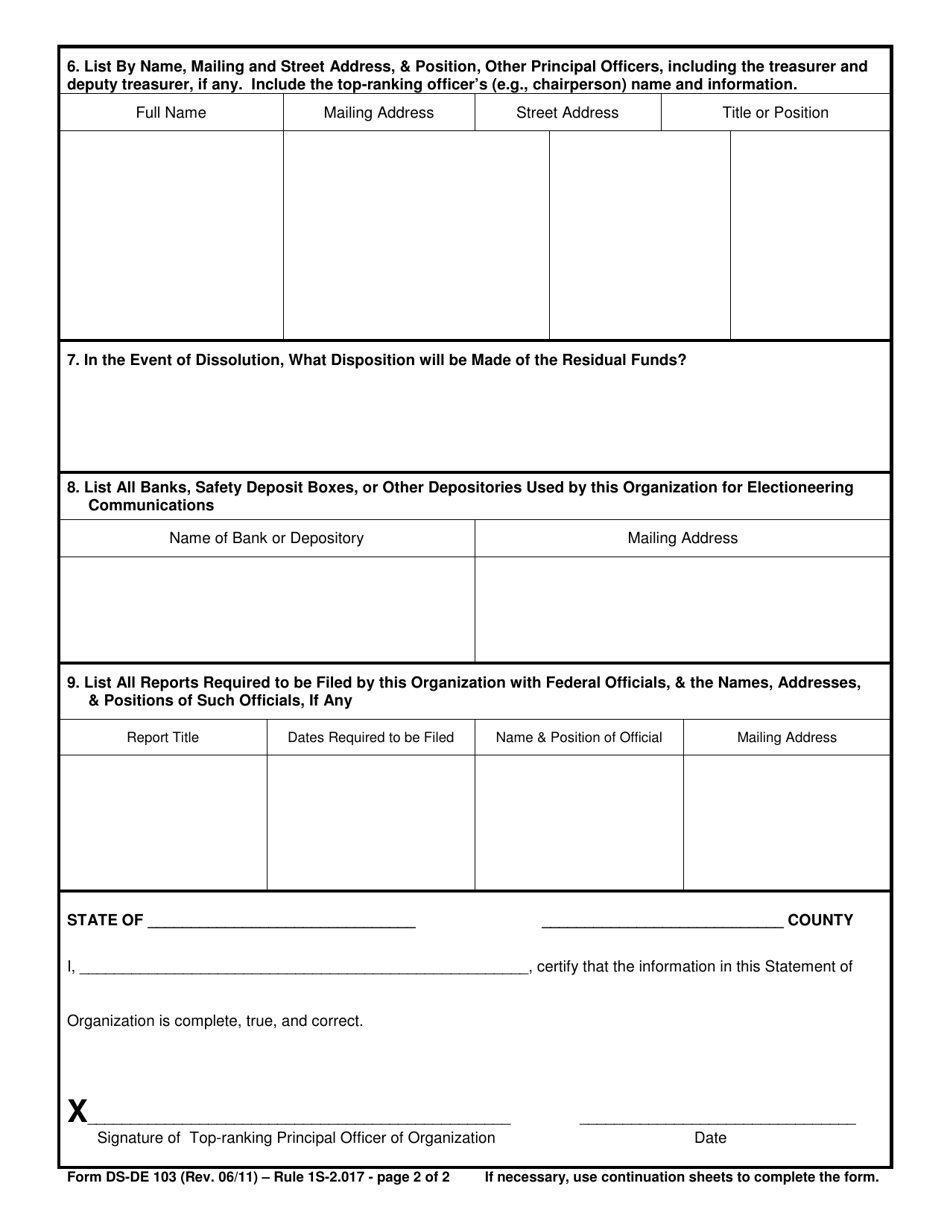 Form DS-DE103 Electioneering Communications Organization Statement of Organization - Florida, Page 2