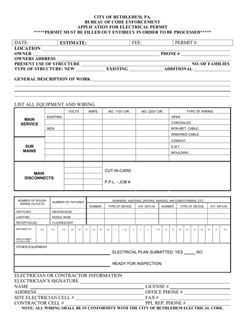 Application for Electrical Permit - City of Bethlehem, Pennsylvania Download Pdf