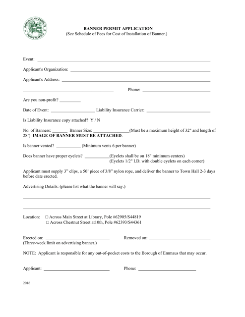 Banner Permit Application - Borough of Emmaus, Pennsylvania Download Pdf