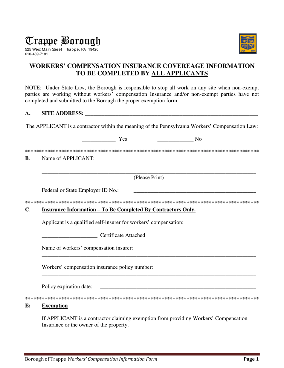 Workers Compensation Insurance Form - Trappe Borough, Pennsylvania, Page 1