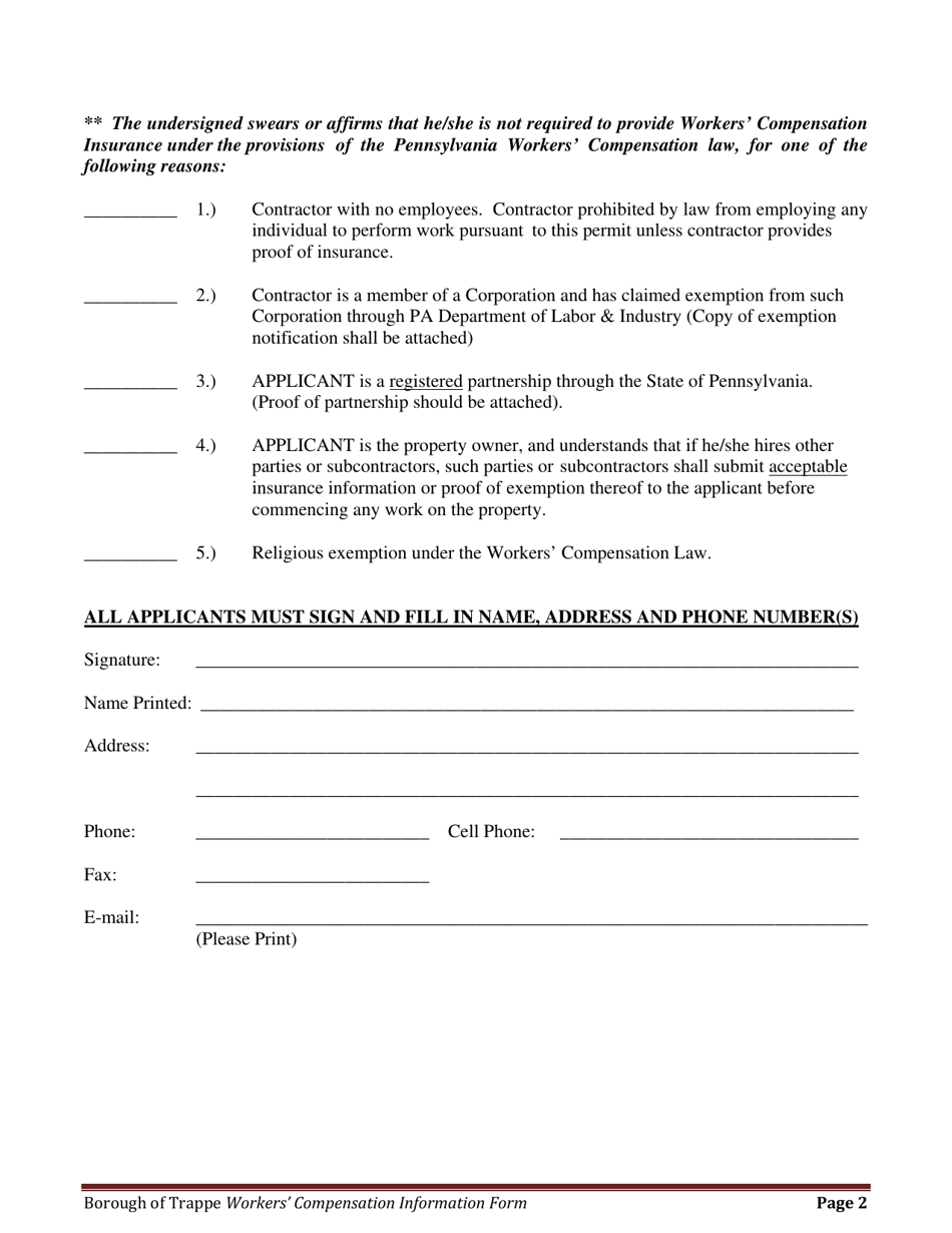 Workers Compensation Insurance Form - Trappe Borough, Pennsylvania, Page 2