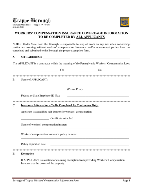 Workers Compensation Insurance Form - Trappe Borough, Pennsylvania Download Pdf