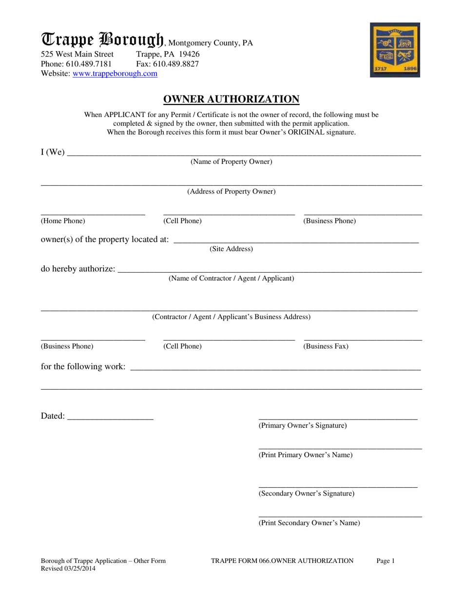 Form 066 Owner Authorization - Trappe Borough, Pennsylvania, Page 1