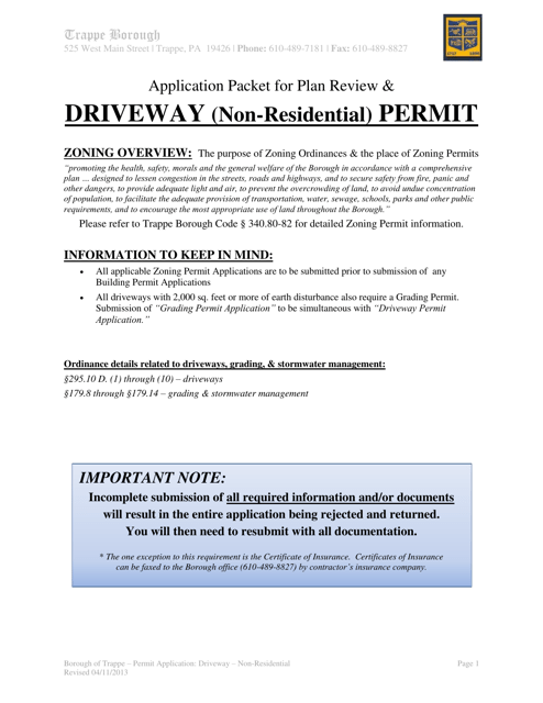 Application Packet for Plan Review & Driveway (Non-residential) Permit - Trappe Borough, Pennsylvania