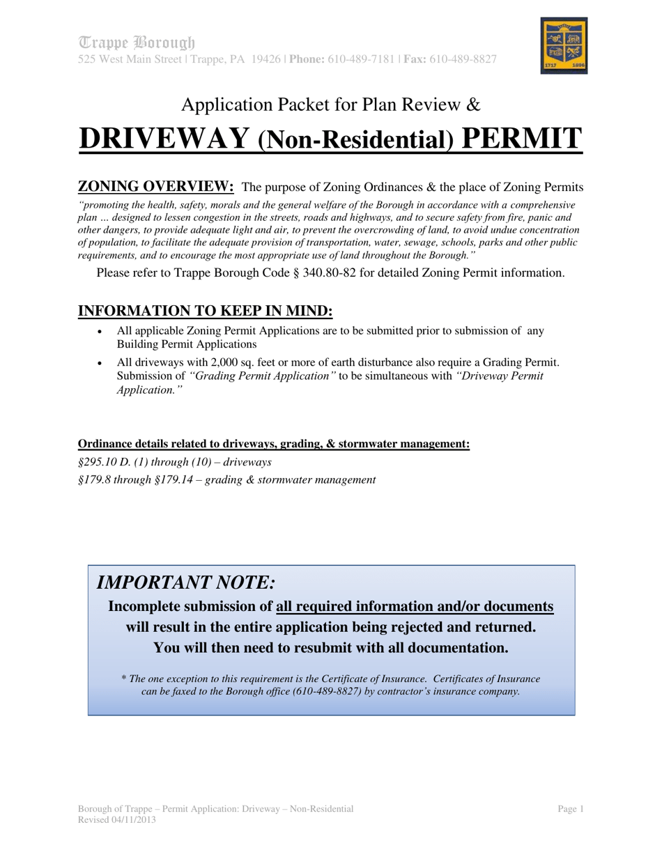 Application Packet for Plan Review  Driveway (Non-residential) Permit - Trappe Borough, Pennsylvania, Page 1