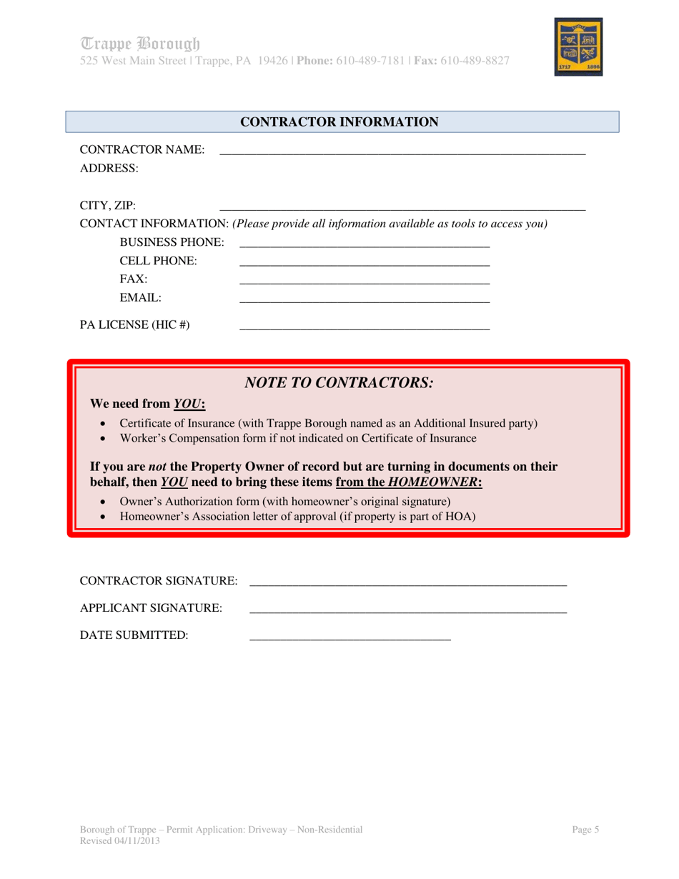 Application Packet for Plan Review  Driveway (Non-residential) Permit - Trappe Borough, Pennsylvania, Page 5