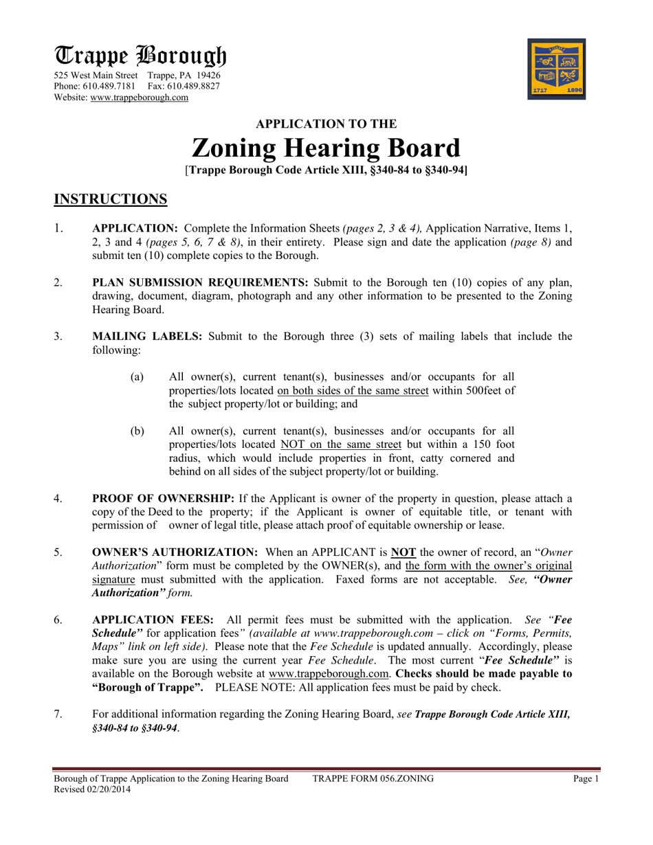 Form 056 Zoning Hearing Board Application - Trappe Borough, Pennsylvania, Page 1