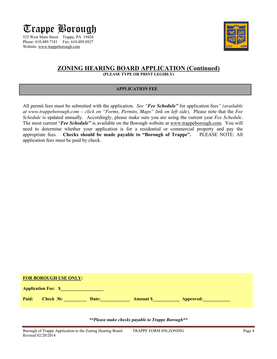 Form 056 Zoning Hearing Board Application - Trappe Borough, Pennsylvania, Page 4