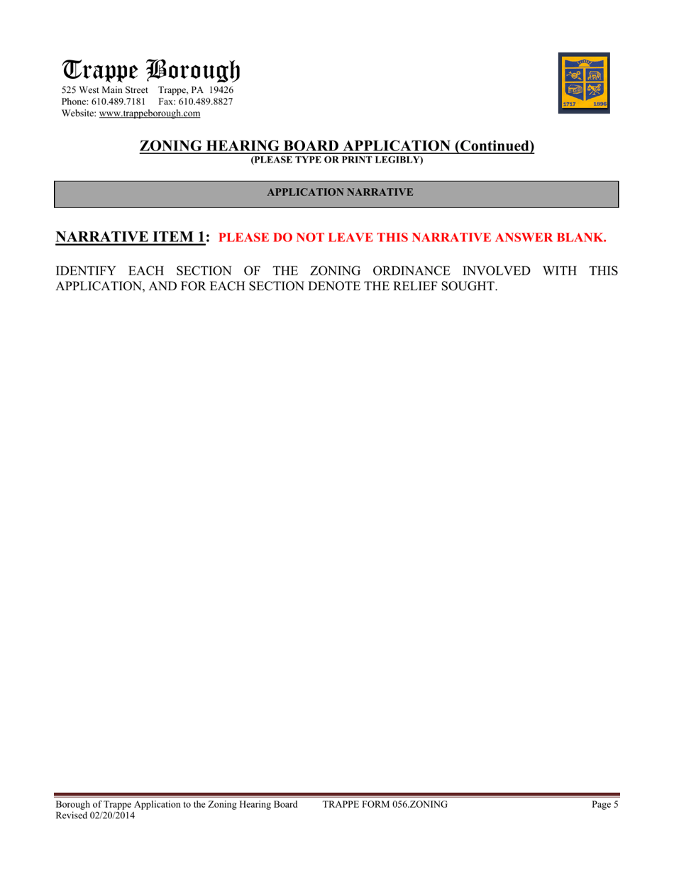 Form 056 Zoning Hearing Board Application - Trappe Borough, Pennsylvania, Page 5