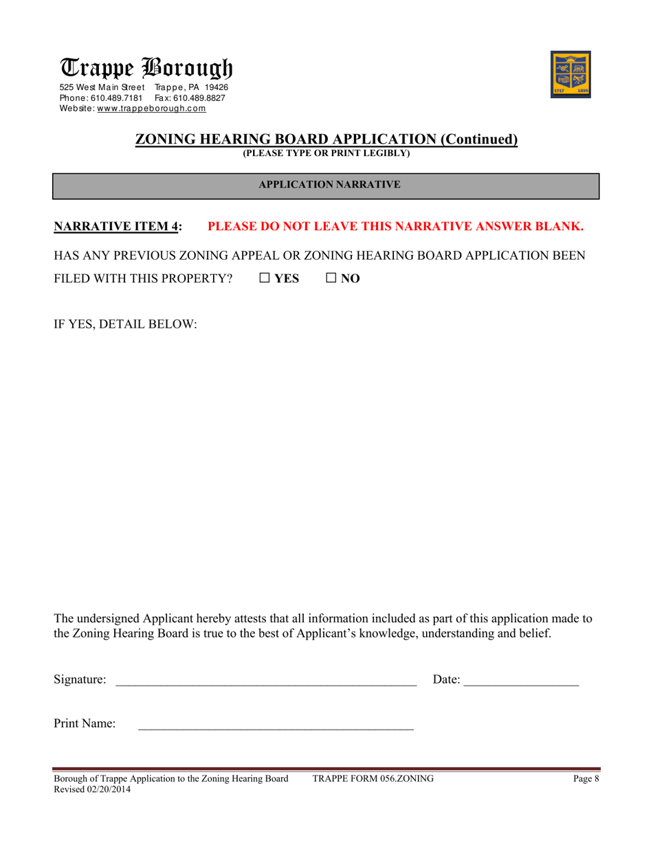 Form 056 Zoning Hearing Board Application - Trappe Borough, Pennsylvania, Page 8