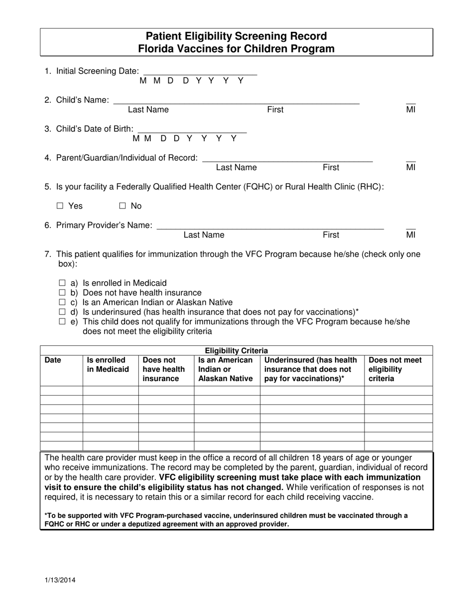 Patient Eligibility Screening Record - Florida Vaccines for Children Program - Florida, Page 1