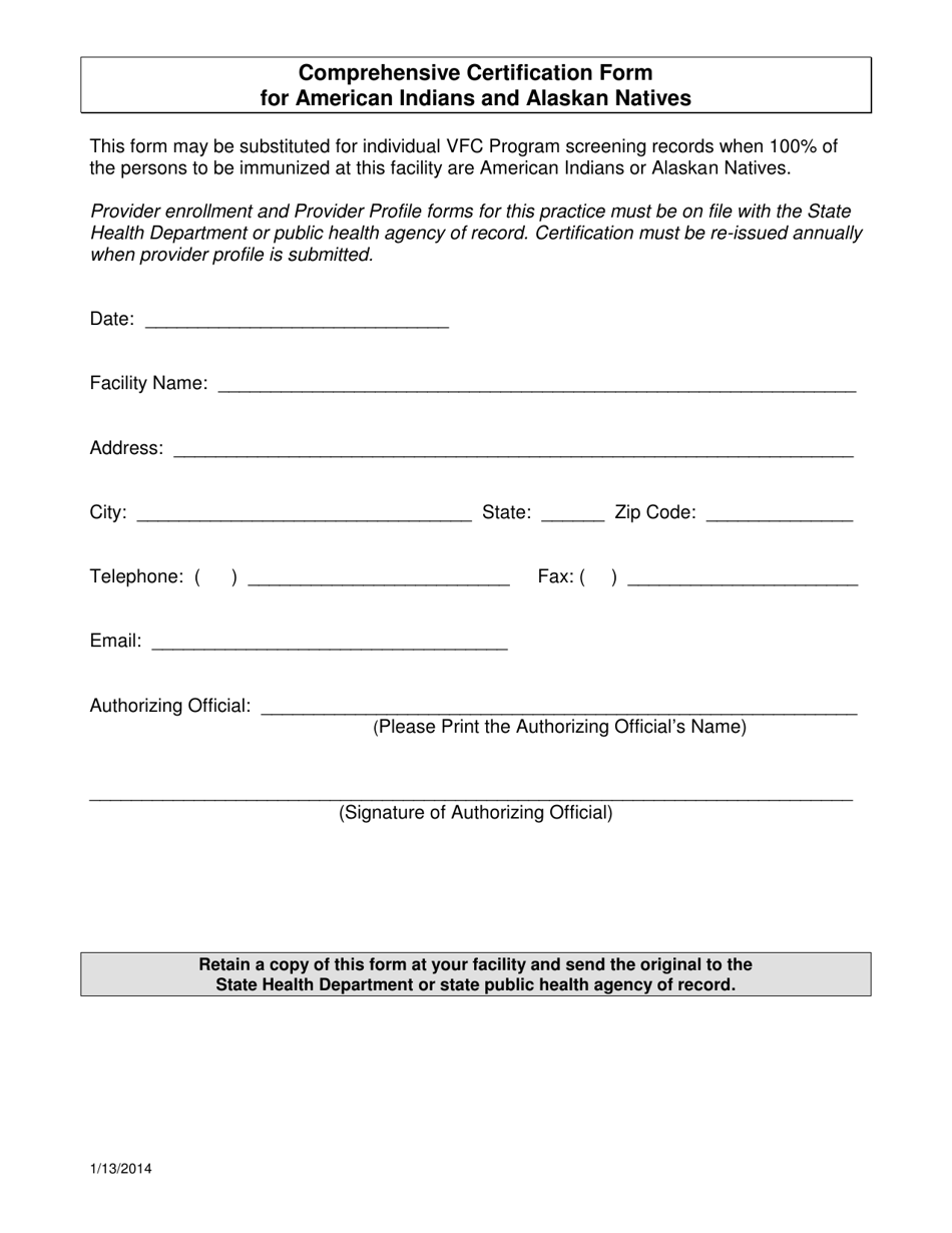 Comprehensive Certification Form for American Indians and Alaskan Natives - Florida, Page 1