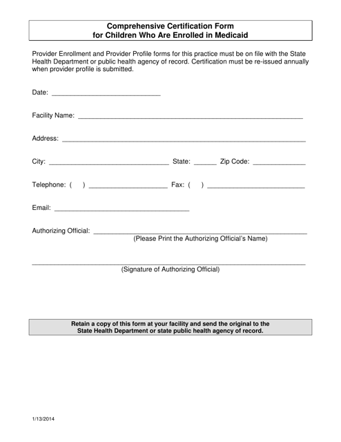 Comprehensive Certification Form for Children Who Are Enrolled in Medicaid - Florida Download Pdf