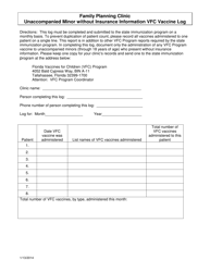 Document preview: Family Planning Clinic Unaccompanied Minor Without Insurance Information Vfc Vaccine Log - Florida