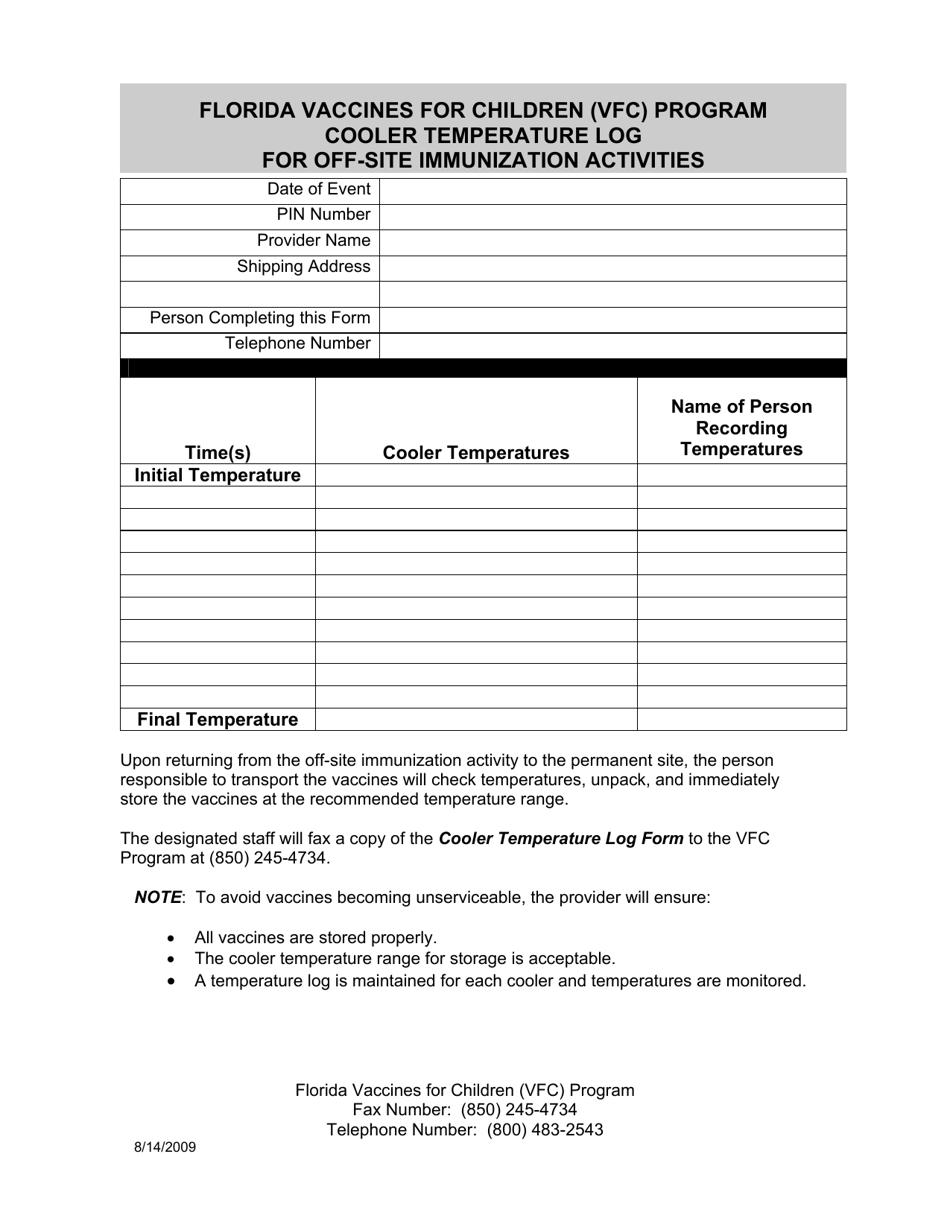 Cooler Temperature Log for off-Site Immunization Activities - Florida Vaccines for Children (Vfc) Program - Florida, Page 1