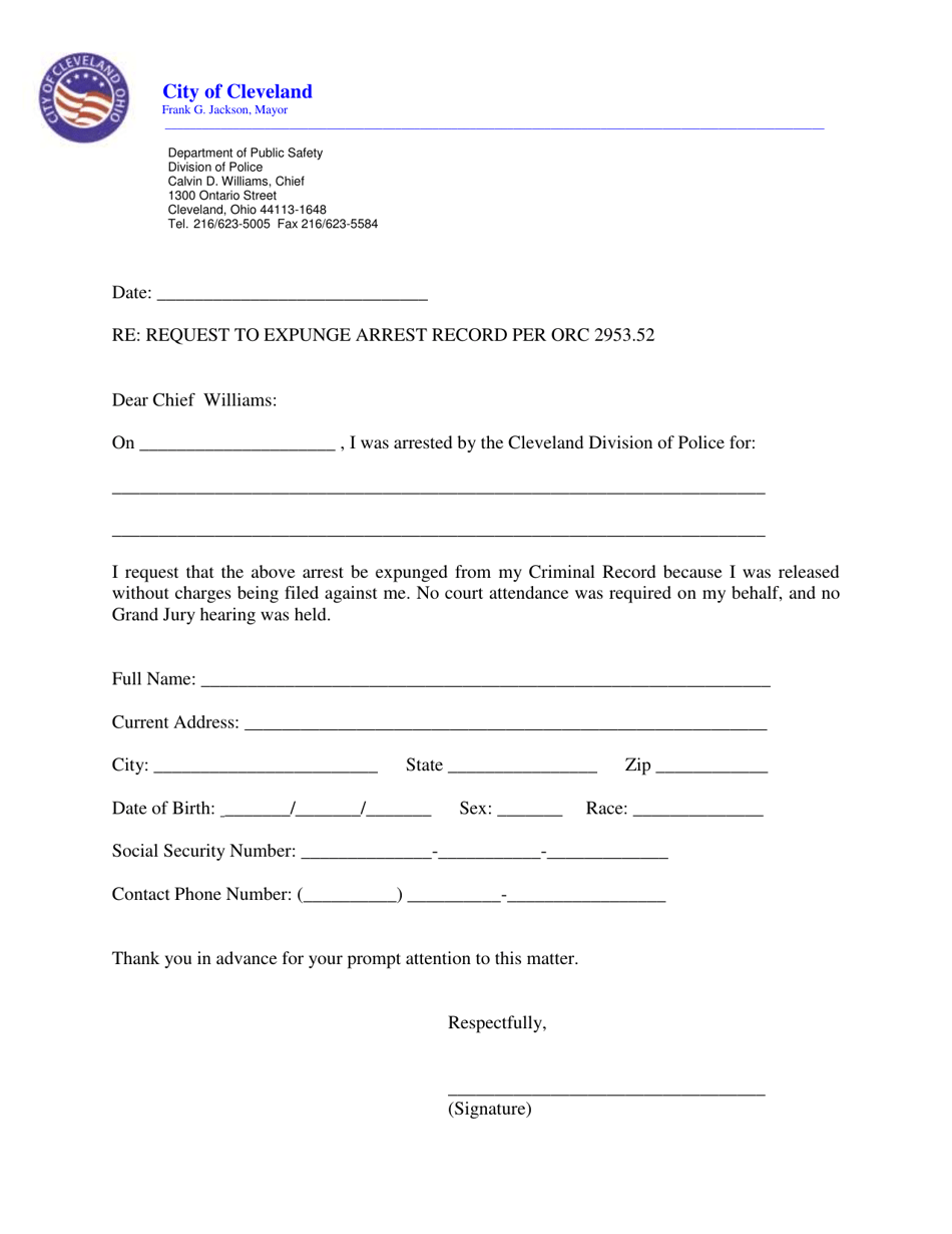 Request to Expunge Arrest Record Per Orc 2953.52 - City of Cleveland, Ohio, Page 1
