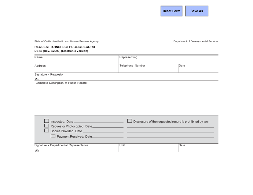 Form DS43 Request to Inspect Public Record - California