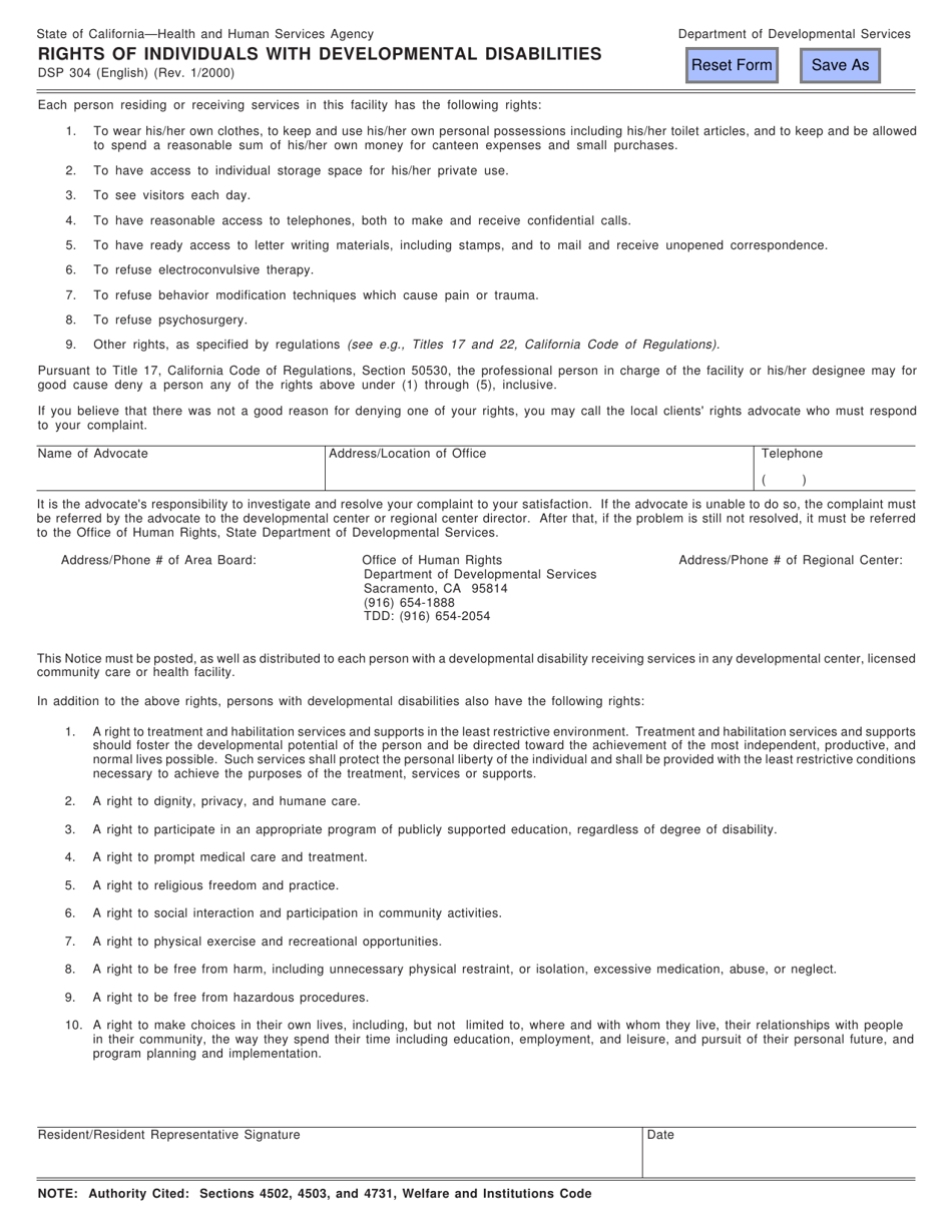 Form DS P304 Rights of Individuals With Developmental Disabilities - California, Page 1