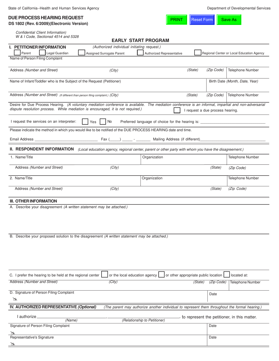 Form DS1802 Due Process Hearing Request - California, Page 1