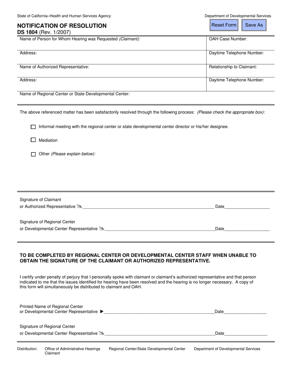 Form DS1804 Notification of Resolution - California, Page 1