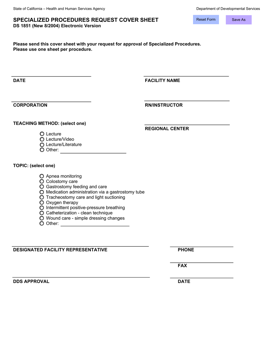 Form DS1851 Specialized Procedures Request Cover Sheet - California, Page 1