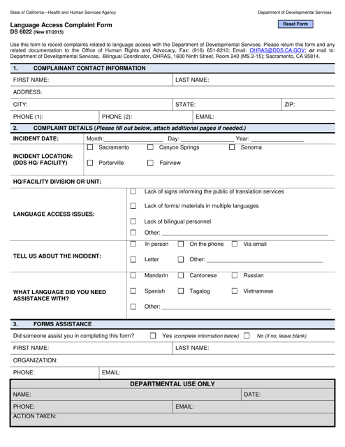 Form DS6022 Language Access Complaint Form - California