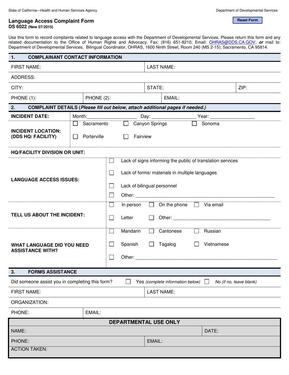 Form DS6022 Language Access Complaint Form - California, Page 1