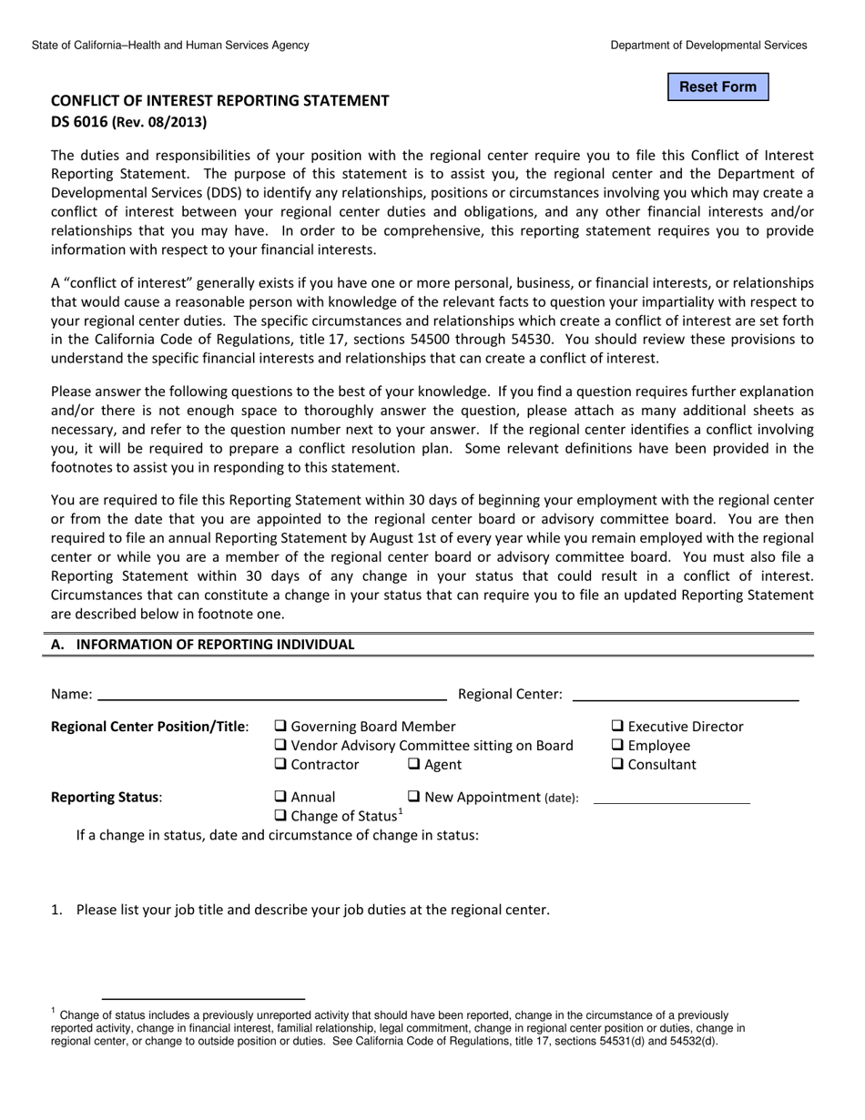 Form DS6016 Conflict of Interest Reporting Statement - California, Page 1
