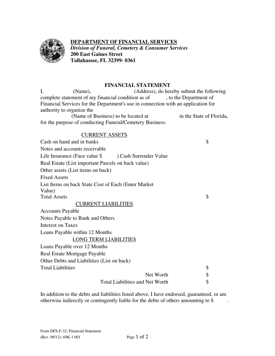 Form DFS-F-32 Financial Statement - Florida, Page 1