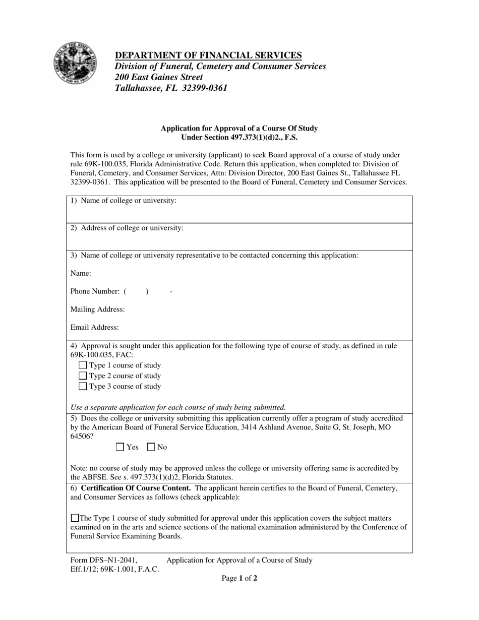 Form DFS-N1-2041 Application for Approval of a Course of Study Under Section 497.373(1)(D)2., F.s. - Florida, Page 1