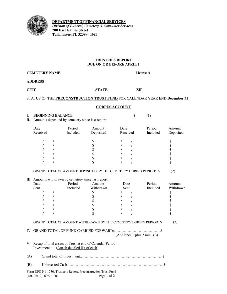 Form DFS-N1-1730 Trustees Report - Preconstruction Trust Fund - Florida, Page 1