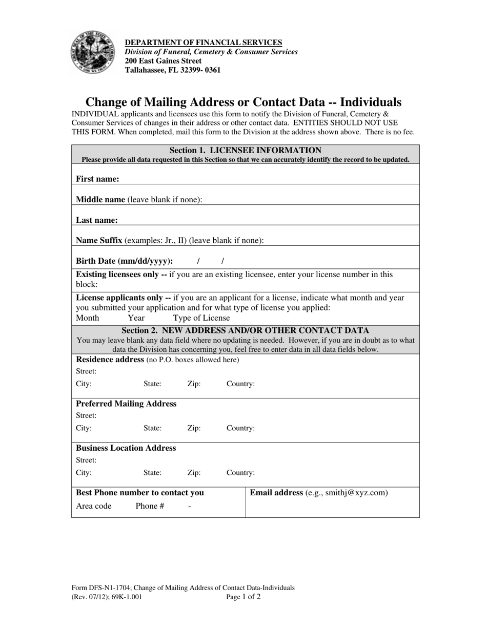 Form DFS-N1-1704 Change of Mailing Address or Contact Data - Individuals - Florida, Page 1