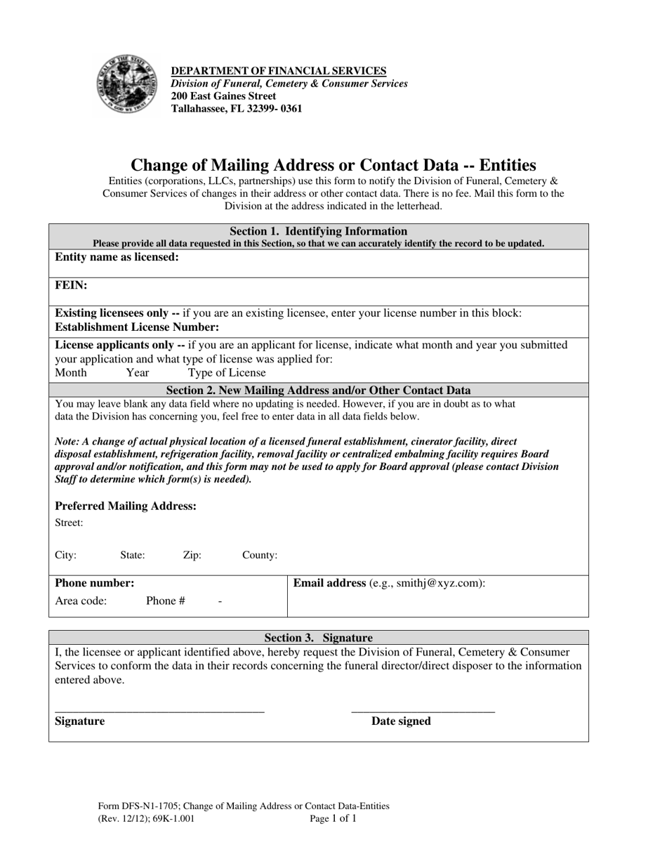 Form DFS-N1-1705 Change of Mailing Address or Contact Data - Entities - Florida, Page 1