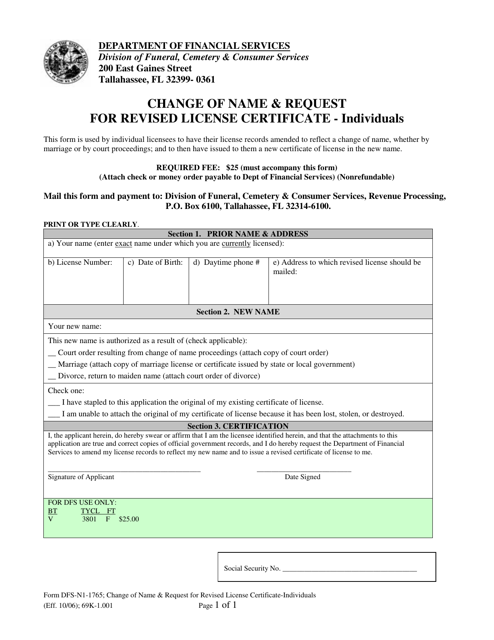 Form DFS-N1-1765 Change of Name & Request for Revised License Certificate - Individuals - Florida