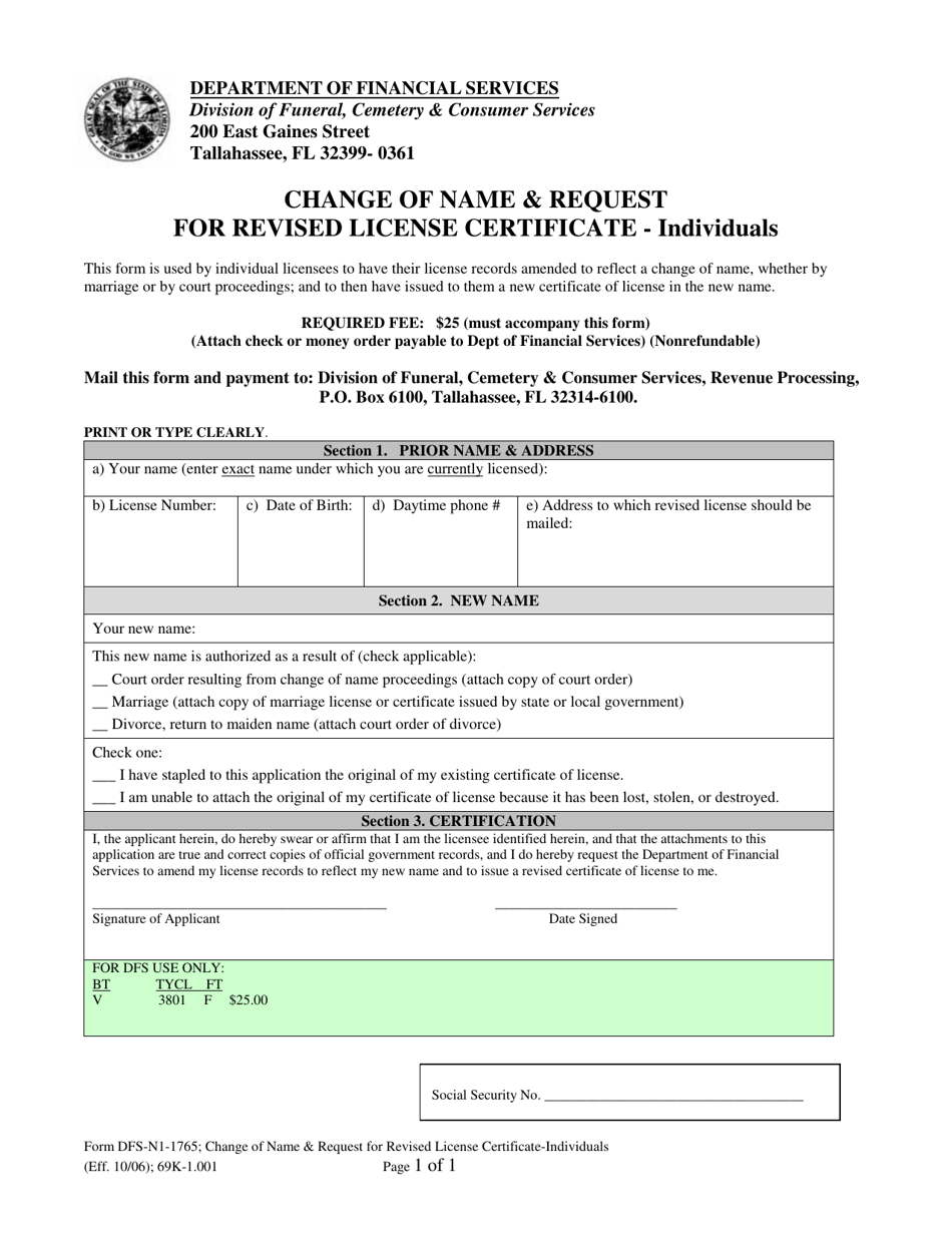 Form DFS-N1-1765 Change of Name  Request for Revised License Certificate - Individuals - Florida, Page 1