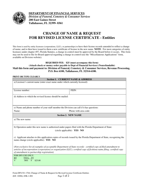Form DFS-N1-1764 Change of Name & Request for Revised License Certificate - Entities - Florida